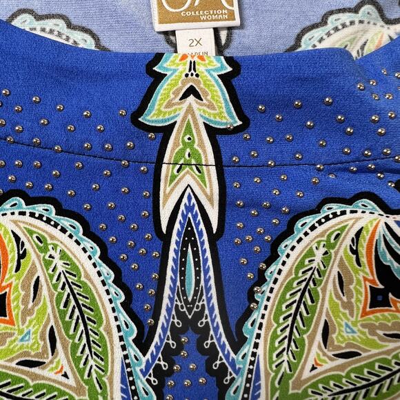 JM Collection Womens Tunic Top Sz 2X Fiesta Blue Green Black Paisley Embellished - Picture 3 of 11